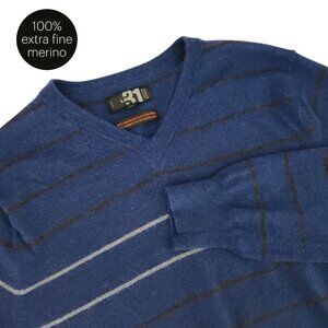 LE 31 by Simons Blue 100% extra fine Merino Wool Striped V-Neck Sweater large
